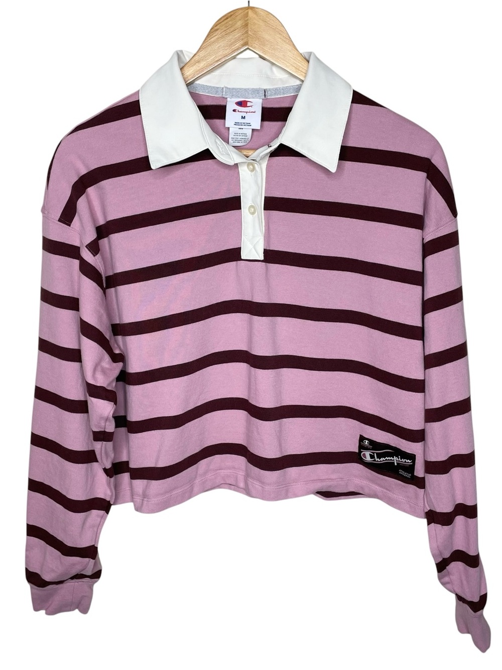 Champion Pink Burgundy Striped Cropped Rugby Shirt Pullover Preppy M - Picture 5 of 13